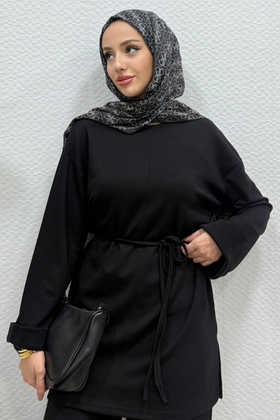 Tesettür Diyarı Modal Fabric Belted Hijab Tunic - Black Standard (38-44 Compa...