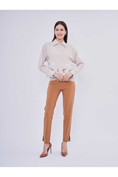 SERPİL Çizgili Dantel Nakış Detaylı Uzun Kollu Kadın Gömlek 40861