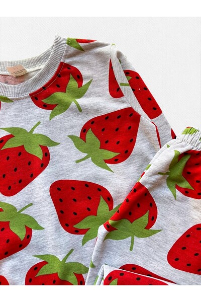 Fil Kids Girl's Cotton Fabric Gray Color Embroidered Strawberry Pattern Long Sleeve Winter Pajama Set
