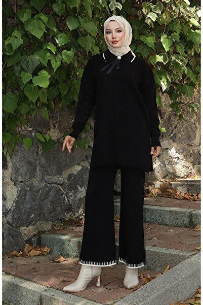 sefamerve Triko Kurdale Detaylı Tunik Pantolon İkili Takım 1064-04 Siyah