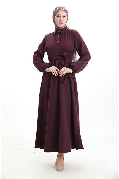 sefamerve Kruvaze Yaka Düğmeli Kuşaklı Elbise 0198-01 Mürdüm