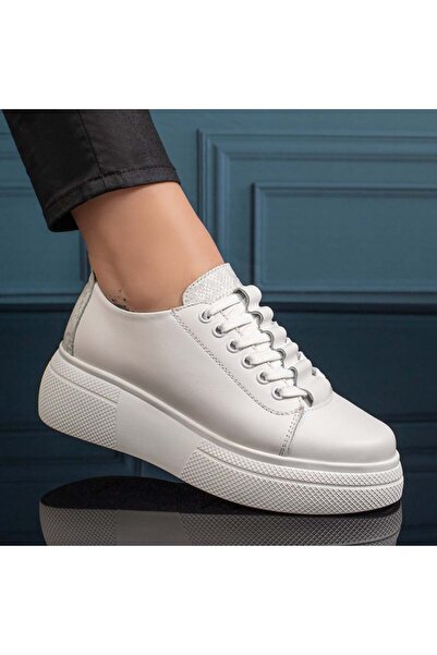 BMoD Pantofi sport damă albi din piele naturală cu talpă groasă MOD11127