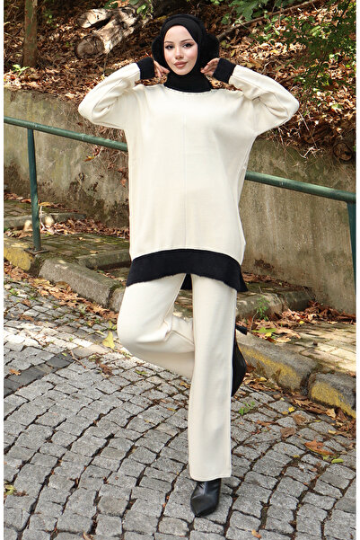 sefamerve Трикотажний комплект з тунікою та брюками з перламутровими деталями 1011-03 Бежевий