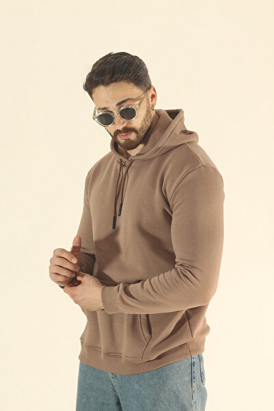 EydaMoon Ανδρικό χειμερινό φούτερ με φλις εσωτερικά - Καφέ κανονικό με κουκούλα με τσέπη καγκουρό