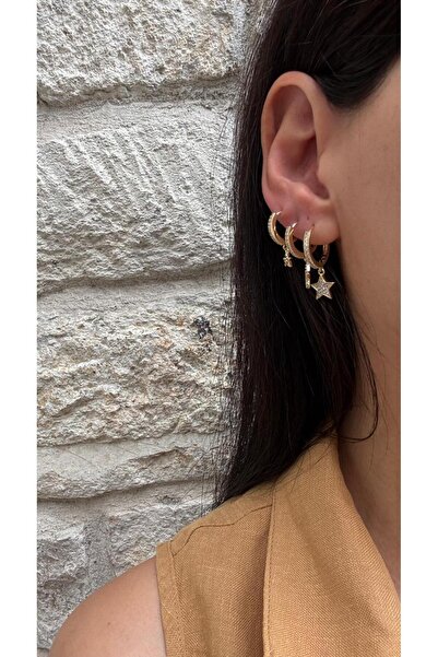 marsel aksesuar Xuping Zircon Stone Set of 3 Star Model Hoop Gold Earrings