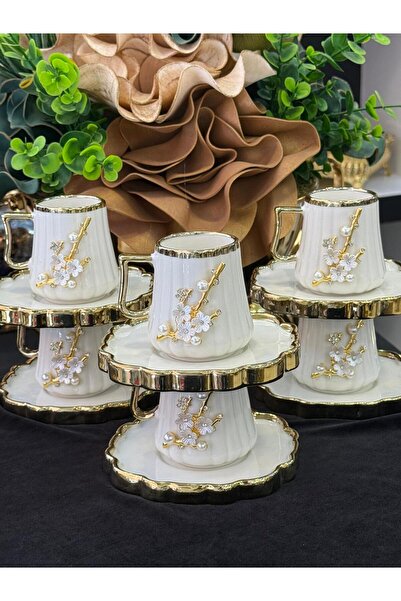 LOKMAN ZÜCCACİYE 6 Kişilik Gold İnci Taşlı Yeni Seri Kahve Fincan Takımı