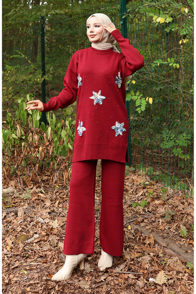 sefamerve Knitwear Floral Detailed Tunic Trousers Double Set 1006-07 Claret Red