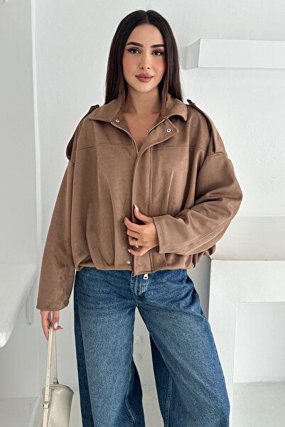VAGGON Kadın Bej Oversize Süet Fermuarlı Ceket Vs01267