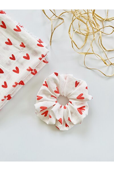seyranat Kırmızı Beyaz Kalpli Keten Kumaş Orta Boy Kız Kadın Lastikli Simit S...