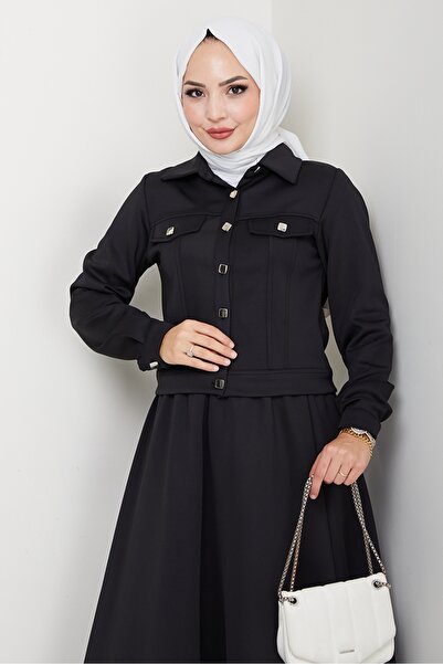 Bestenur Jacket Skirt Scuba Two-Piece Set 1614 - Black