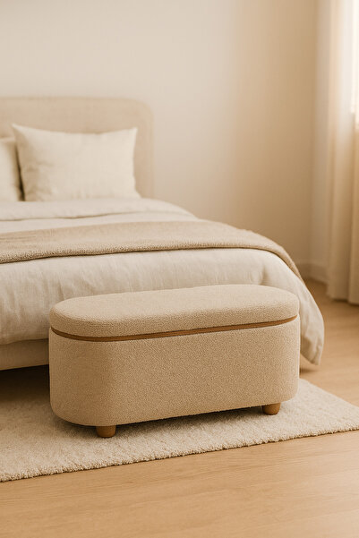 MARIA HOMES Brown Oval Storage Ottoman Bench with Wooden Base – Modern Fabric Seat 88×35×40 cm