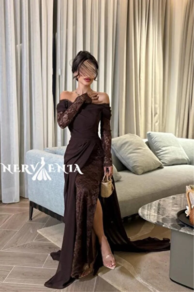 narvenia فستان شوكو تري شيفون مع دانتيل مشجر