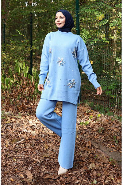 sefamerve Knitwear Floral Detailed Tunic Trousers Double Suit 1006-03 Blue