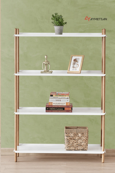 Aymetsan Metal Otomotiv Sanayi Metal ve Doğal Ahşaptan Kitaplık, Çok amaçlı Raf, Çiçeklik - Beyaz Raf 4 KATLI