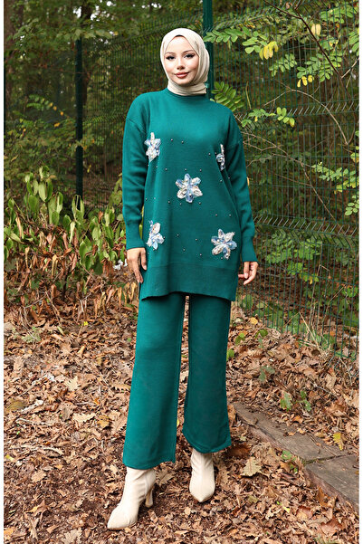 sefamerve Knitwear Floral Detailed Tunic Trousers Double Set 1006-04 Petrol