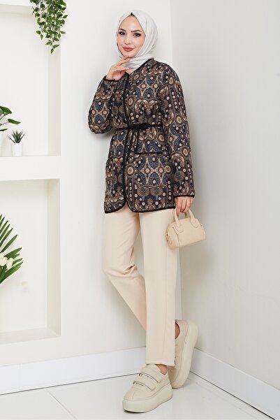 Bestenur Μπουφάν με σχέδιο με κουμπιά και καπιτονέ 1620 - Μαύρο