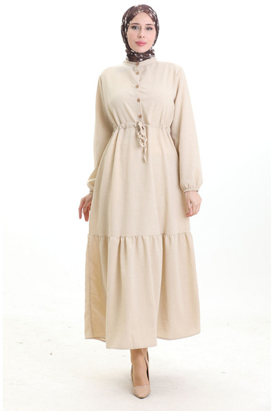 sefamerve Beli Lace-Up Half Button Dress 0182-10 Beige