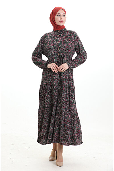 sefamerve Hakim Collar Floral Patterned Dress 0197-02 Black Red