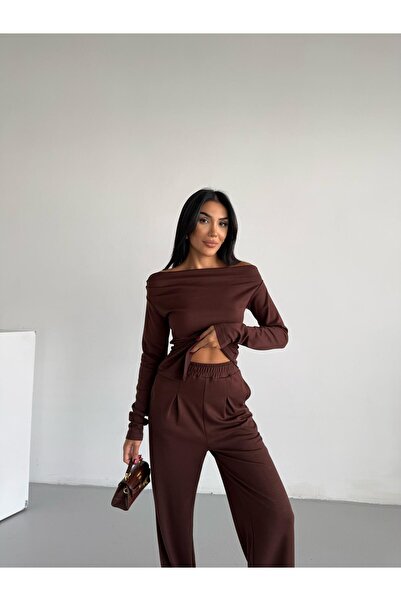 Famel Butik Γυναικείο Σετ Μπλούζα και Παντελόνι με Ασύμμετρο Σχέδιο Modal