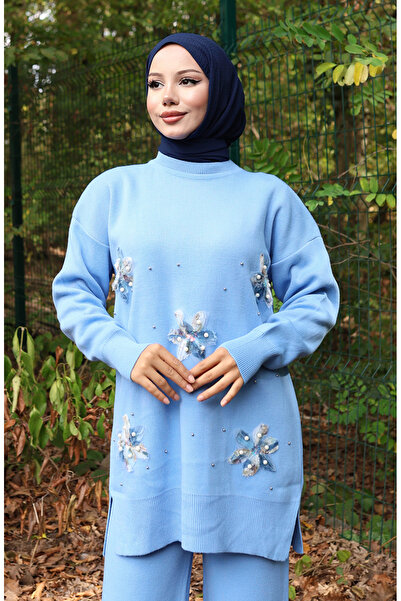 sefamerve Knitwear Floral Detailed Tunic Trousers Double Suit 1006-03 Blue