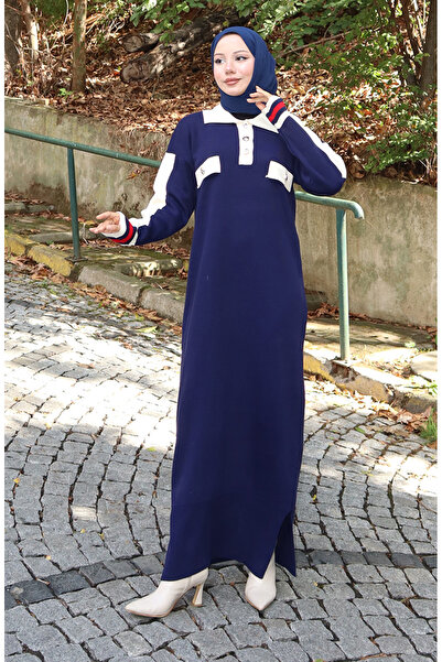 sefamerve فستان تريكو بياقة بولو وتفاصيل جيب 0507-05 أزرق داكن