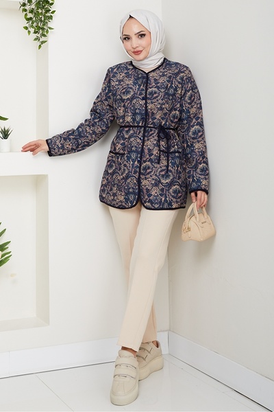 Bestenur Μπουφάν με σχέδιο με κουμπιά και καπιτονέ 1620 - Navy Blue