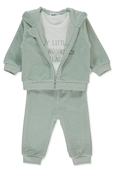 Bebetto طقم كارديجان مخملي بسحاب 3 قطع (ديناصور) أخضر نعناعي