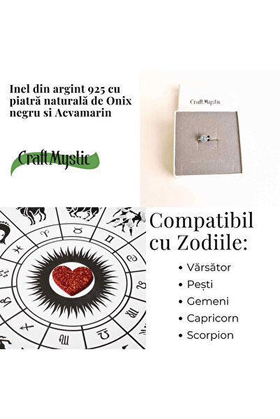 craftmystic Inel din argint 925 cu acvamarin și onix negru - Claritate și protecție