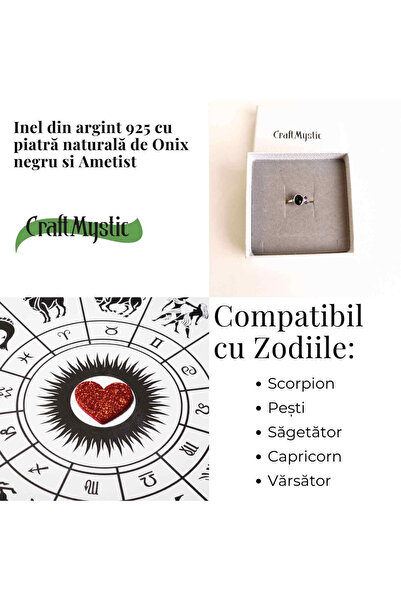 craftmystic Inel din argint 925 cu onix negru și ametist - Protecție și claritate spirituală