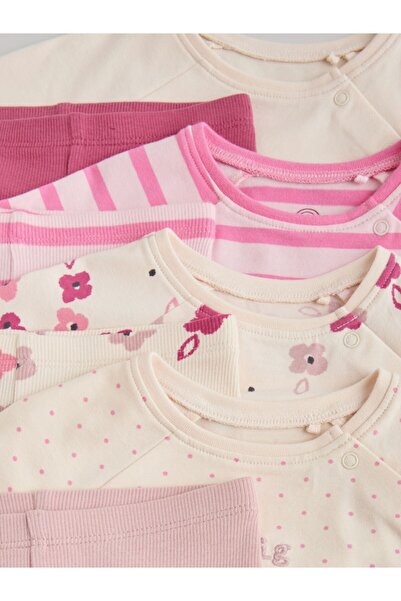 Next Baby Cotton White Pink Floral Patterned Long Sleeve 3-Piece Top and Bottom Set