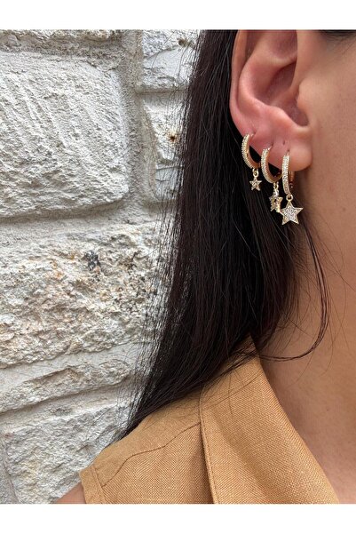 marsel aksesuar Xuping Zircon Stone Set of 3 Star Model Hoop Gold Earrings