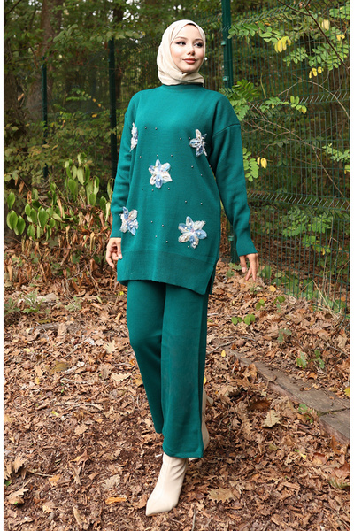 sefamerve Knitwear Floral Detailed Tunic Trousers Double Set 1006-04 Petrol