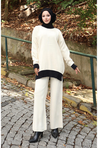 sefamerve Трикотажний комплект з тунікою та брюками з перламутровими деталями 1011-03 Бежевий