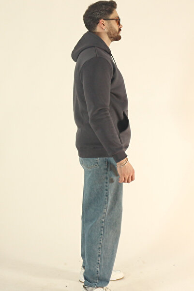 EydaMoon Men's Basic Winter Fleece-Lined Sweatshirt - Dark Smoked Regular Kangaroo Pocket Hoodie