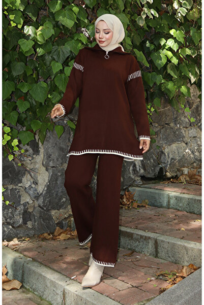 sefamerve Knitwear Zipper Collar Tunic Trousers Double Set 1061-08 Brown