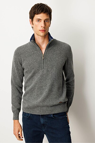 Desen Triko Men's Basic Wool Sweater with Zipper Collar Smoked