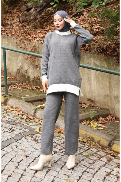 sefamerve Knitwear Pearl Detailed Tunic Trousers Double Suit 1011-05 Gray