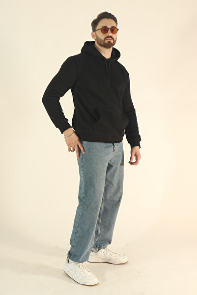 EydaMoon Men's Basic Winter Fleece-Lined Sweatshirt - Black Regular Kangaroo Pocket Hoodie