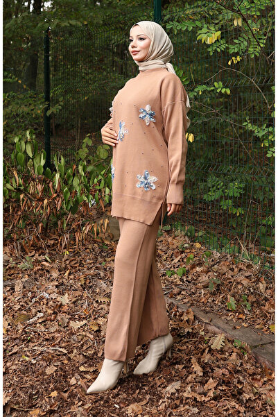 sefamerve Knitwear Floral Detailed Tunic Trousers Double Set 1006-06 Milky Coffee