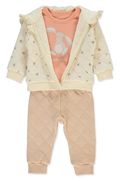 Bebetto Quilted Hooded Cardigan 3-Piece Set (Petite Fleurs) Beige