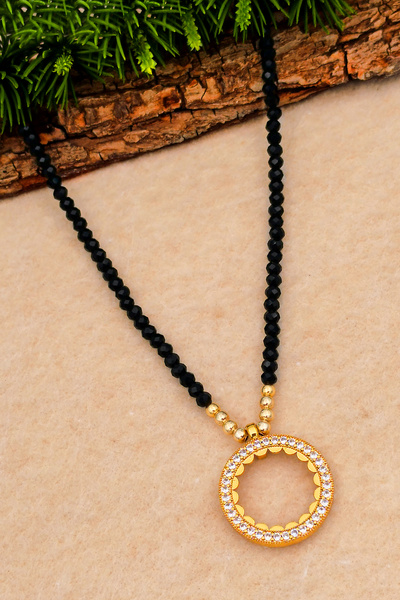 SİLVERA TELKARİ Necklace for Half Gold Women's Black Stone Half Gold Inserted Necklace Model Bt070