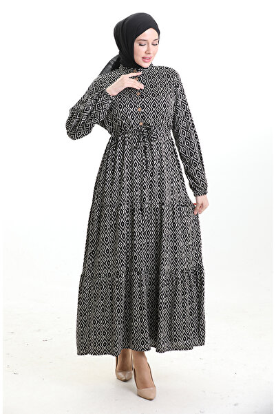 sefamerve Geometrik Desen Beli Bağcıklı Elbise 0195-01 Siyah