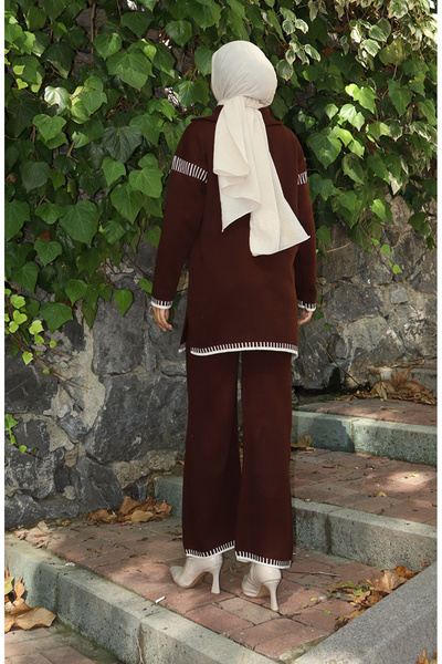 sefamerve Knitwear Zipper Collar Tunic Trousers Double Set 1061-08 Brown