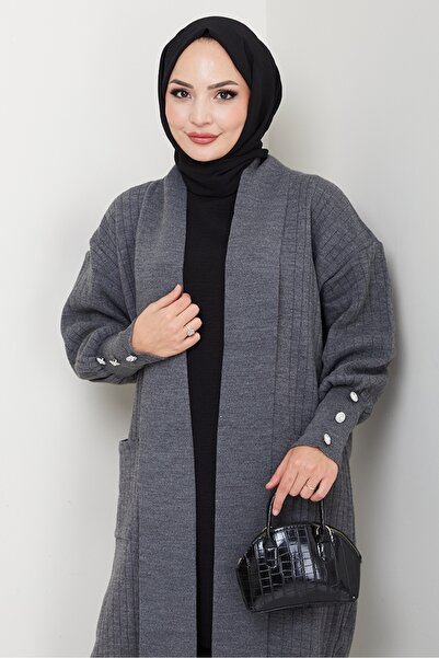 Bestenur Πλεκτό Ζακέτα με μανίκια μπαλόνι 1613 - Ανθρακί