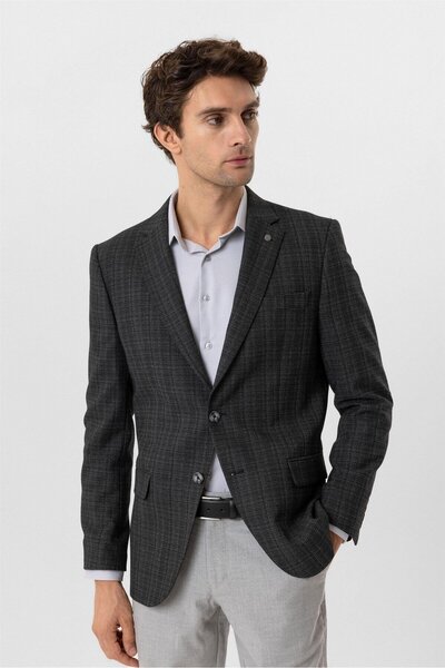 SÜVARİ Anthracite Regular Fit Patterned Mono Collar 6 Drop Jacket