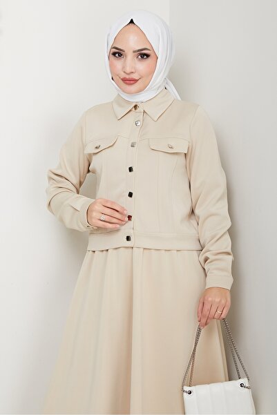 Bestenur Jacket Skirt Scuba Two-Piece Set 1614 - Beige