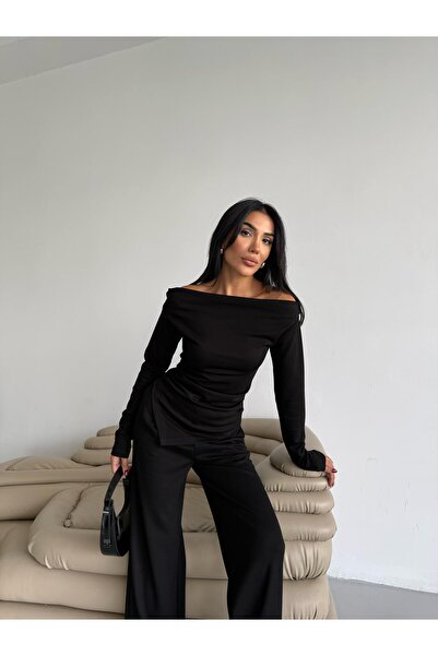 Famel Butik Women's Draped Asymmetrical Cut Blouse Pants Modal Set