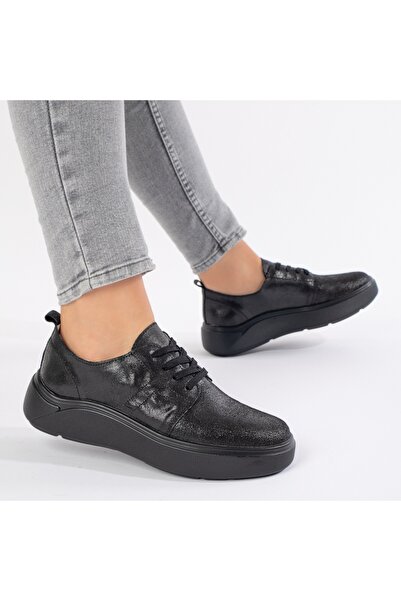 Modlet.ro Γυναικεία μαύρα παπούτσια από γνήσιο δέρμα με χοντρή σόλα και κορδό...