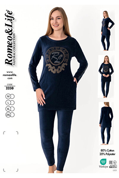 ROMEO LİFE Γυναικείο Βαμβακερό Βελούδινο Χειμερινό Σετ / Ναυτικό Μπλε - 2230