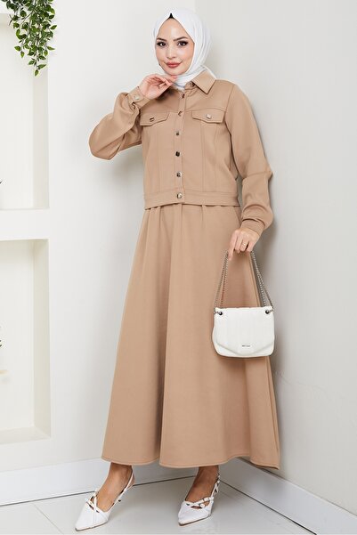 Bestenur Jacket Skirt Scuba Two-Piece Set 1614 - Stone